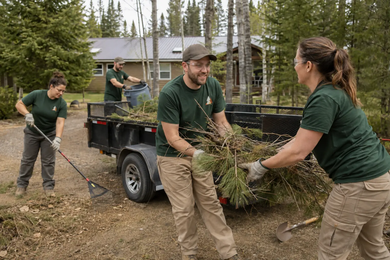 Four workers in branded Range Regional Services shirts clearing branches at a wooded Northern Minnesota home